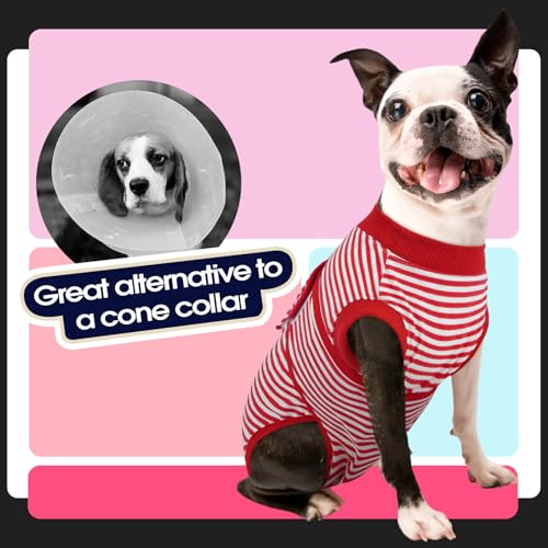 Image of FUAMEY Dog Recovery Suit Male,Dogs Surgery Neuter Suits Puppy Spay Shirts for Female Protect Dog's Skin Anti Licking Abdominal Wounds Doggie Onesie Pet Bodysuit Alternative to Cone Red Stripes S