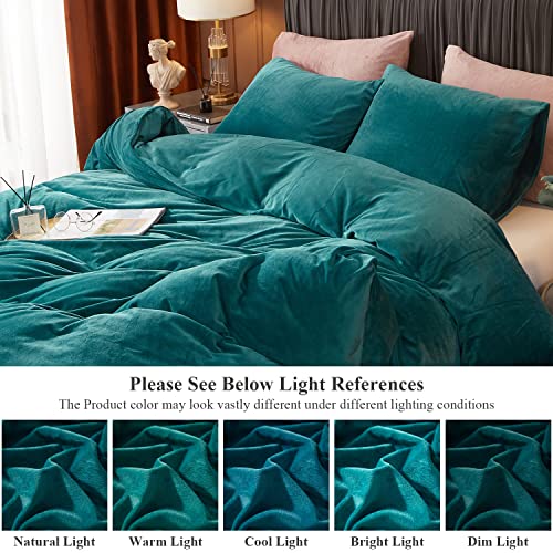 Ivellow Velvet Duvet Cover Set Queen Size 3 Pcs Peacock Blue Luxury Flannel Velour Duvet Cover Zipper Closure Corner Tie