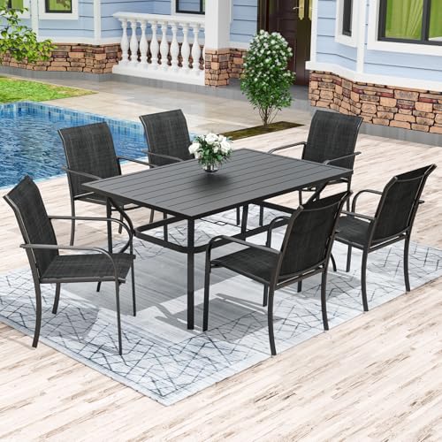 Image of Anmutig 7-Piece Outdoor Patio Dining Set, 60 inch Anti-Rust Powder Coated Steel Table with 2-Size Umbrella Hole, 6 Stackable Textilene Chairs, Dark Grey for Garden Backyard