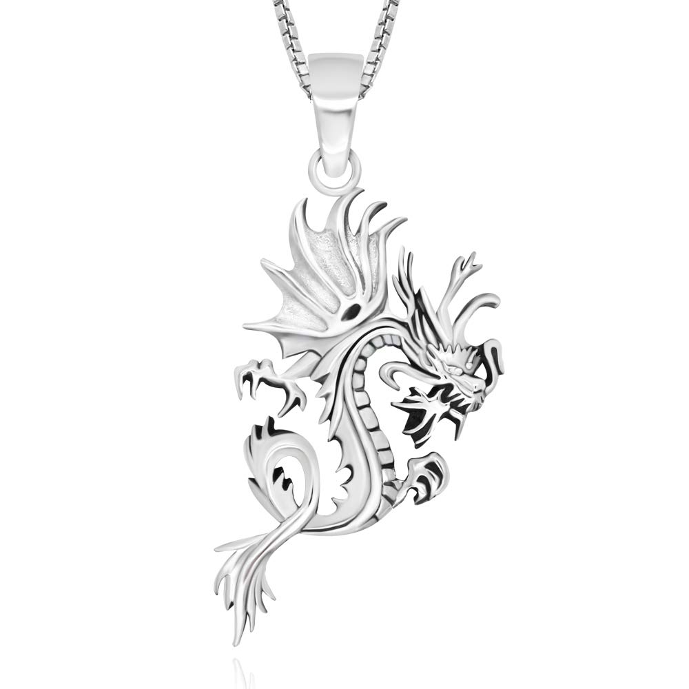 925Collections925 Sterling Silver Detailed Dragon Luck Wisdom and Longevity Pendant Necklace 18" for Women