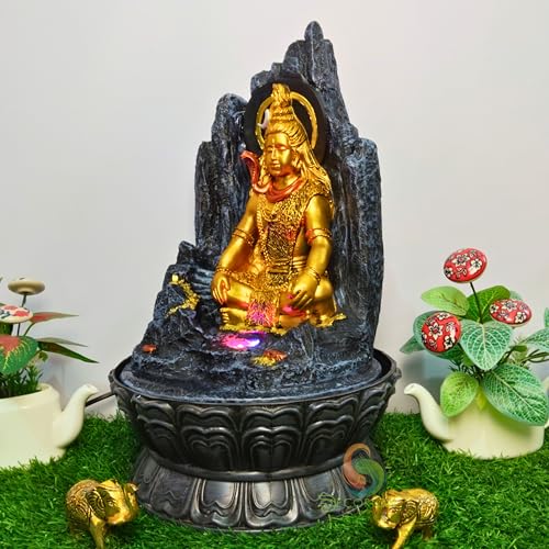 Image of Decorative Table Top Water Fountain for Home Decor /Office /Indoor & Outdoor /Garden /Puja Room /Vaastu with Multicolor LED Light and Adjustable Water Pump (Black Shiva)