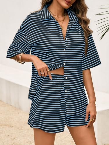 Image of Tankaneo Womens Striped 2 Piece Sets Short Sleeve Lounge Set | Button Down, Waffle Knit, Pajama Lounge Set, Summer Outfits