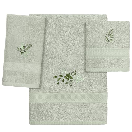 Hillsuren 3 Pcs Eucalyptus Leaves Bathroom Towel Set Farmhouse Embroidered Eucalyptus Leaves Towels Vintage Decorative 100% Cotton Bath Towel Highly Absorbent Elegant Summer Decor Set for Bathroom