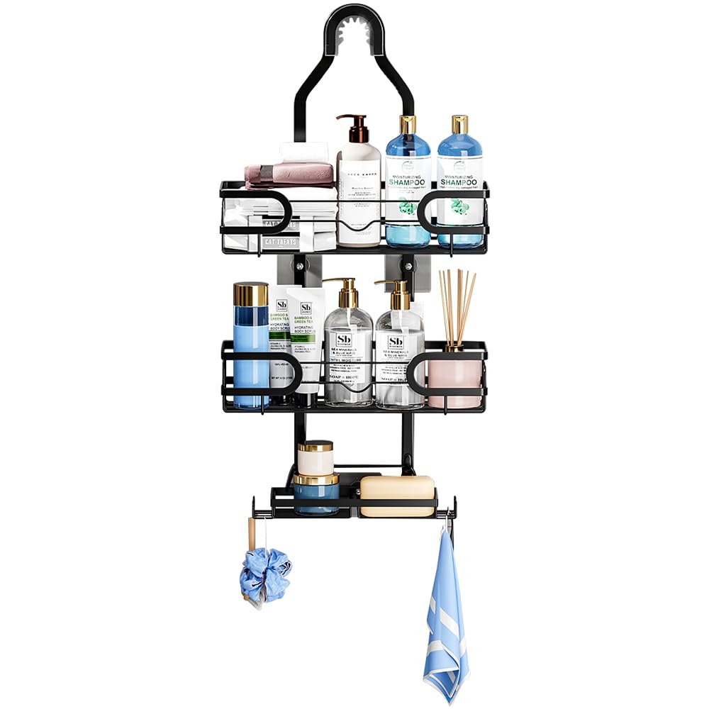 ANQIA Rustproof Hanging Shower Caddy Bathroom Organizer Extended Length Over Shower Head with Hooks Soap Holder No Drilling