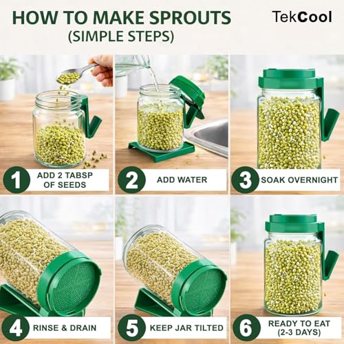 Image of TEKCOOL Sprouts Maker Glass Jar - 720ml Durable & Reusable Sprouter for All Seeds and Beans, BPA-Free with 300-Hole Mesh Lid for Airflow, Odor-Free, Easy Drainage, and Hygienic Glass Design - Green'