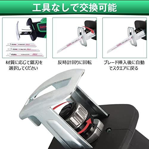 Rakutool 充電式 レシプロソー 電動のこぎり 家庭用 小型 2000mah 無段変速 18V バッテリー*2枚 ストローク数 3000（回/分） 粗大ごみ 枝切り 木工切断 DIY日曜大工 木材用ブレード3本 金属用ブレード3本 日本語取扱説明書 コードレス 収納ケース付き (GREEN·電動のこぎり) 6枚目