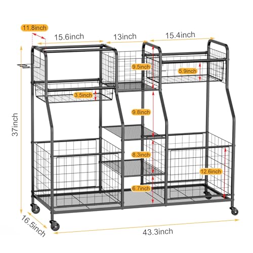 Garage Sports Equipment Organizer - Ball Storage Rack with Elastic Rope or Wire Mesh,Garage Organizer System with Wheels,Indoor/Outdoor Sports Rack for Sports Gear and Toys Storage,Black