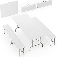 Bonnlo 6FT White Folding Picnic Table Set with 2 Benches - Portable Camping Table Chairs for Indoor Outdoor Use
