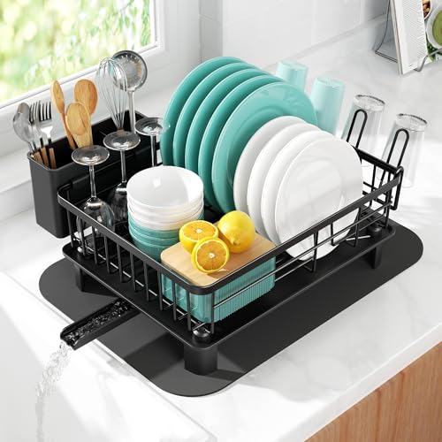 niffgaff Escurridor de platos con bandeja de goteo (37,5 x 28 x 14,5 cm), material premium, cocina, encimera de cocina, escurridor de fregadero (negro)