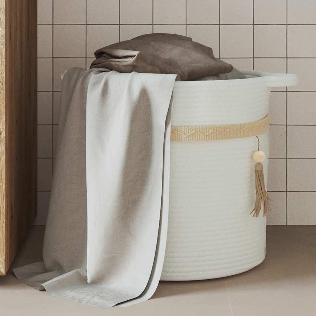 Weißer Aufbewahrungskorb Ø38x36 cm aus Baumwolle mit Griffen, dekorativer Flechtkorb für Ordnung, Wäsche, Spielzeug, Handtücher, Kleidung, geeignet für Wohnzimmer, Schlafzimmer, Bad, Küche