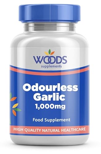 Woods Supplements - Odourless Garlic 1000mg Capsules (90x) | High Strength Garlic Extract. Whole Garlic Equivalent Sustainably Harvested. Easy to Swallow Capsules. Food Supplement for Men and Women