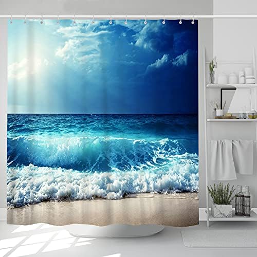 Beach Shower Curtain Summer Ocean Theme Tropical Hawaiian Blue Sea Waves Sunset Seaside Landscape Scenery Print Pattern Bathroom Curtain Set with 12 Hooks 72 x 72 inch Waterproof Fabric Bath Decor