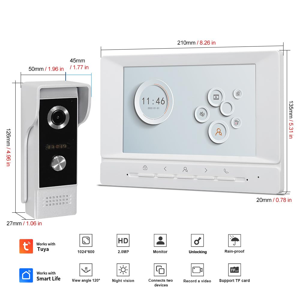 Videoportero WiFi 4 Hilos 1080P HD Timbre con Cámara Sistema de Intercomunicación con 7" Monitor Visión Nocturna Tuya App Desbloqueo Remoto