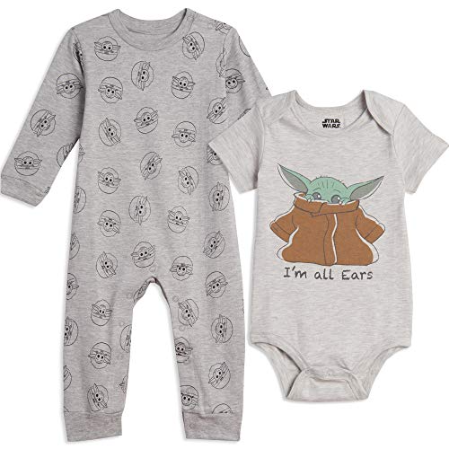 STAR WARS Yoda Mandalorian Baby Boys Bodysuit and Coverall Layette Set 6-9 Months White/Grey