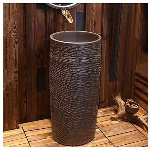 GLJTUO Pedestal Sink Handcrafted Ceramic wash Basin Pedestal washbasin Kaolin Clay Round Freestanding Sink with Drain & Faucet for Indoor and Outdoor,G, (E With mirror)