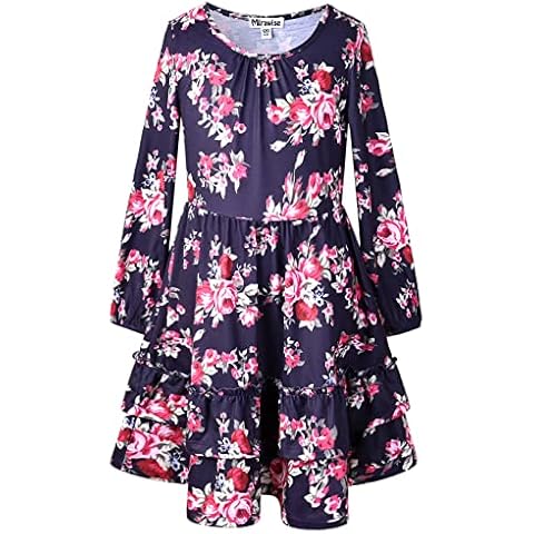 Mirawise Girls Long Sleeve Ruffle Twirly Dresses Cotton Fancy Sundress A-line Swing Dress for 4-13Y, Navy Flower, 8-9 years Cover