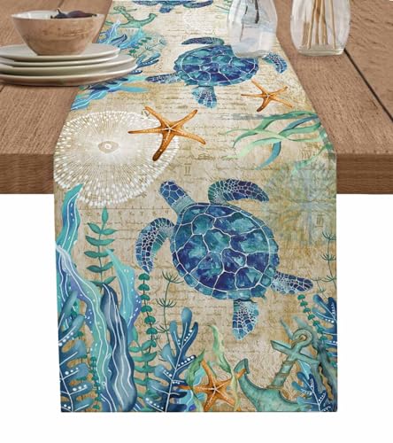 Linen Burlap Table Runner Dresser Scarves Sea Turtle Starfish,Table Runners for Family Dinner Holiday Party Kitchen Tabletop Decor Vintage Nautical World Map Underwater Ocean Animals 13x70In