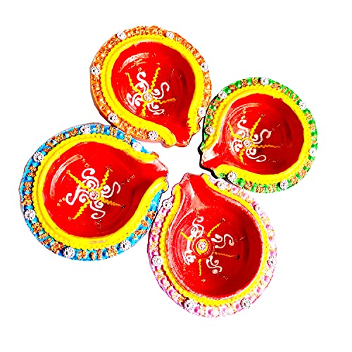 YADNESH Set of Four Deepawali Special Clay Diya Home Decor and Festivities Carved Beautifully Out of Clay for This Festival Diyas are an Essential Part of Diwali Decorative Earthen Diya (Multicolor)