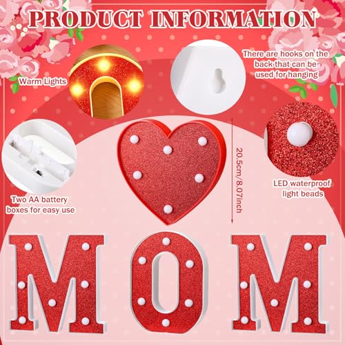 Image of Aurelema 4 Pcs Mother's Day LED Lights Light up Letters Mom Light Sign Battery Powered Heart up Letters for Mom Party Decor Night Home Family Supplies(Red)