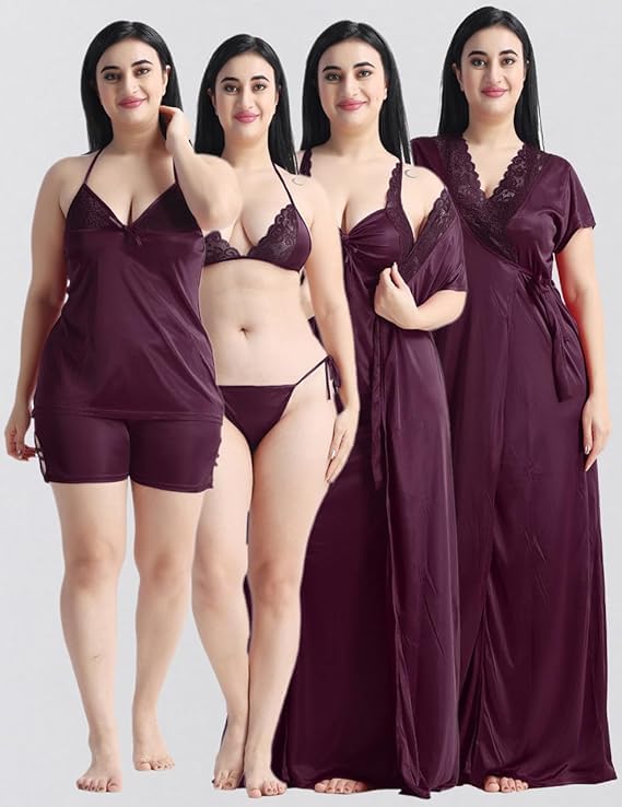 Image of Satin 6 Piece Nightwear Set, Coral Pink Lace Trim Sleepwear with Robe, Nighty, Top, Shorts, Lingerie Set for Women, Summer Collection-Mehndi Green.