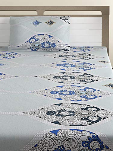 Image of Swayam Pure Cotton Single Bedsheet with 1 Pillow Covers | Size 60 x 90 inch | 160 TC | Ethnic Motifs Design | Soft Breathable Bed Sheet | Comfortable & Durable for Bedroom - Grey