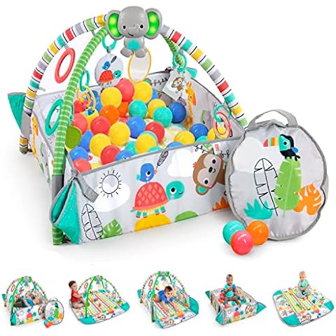 Bright Starts, 5-in-1 Your Way Ball Play Activity Gym and Ball Pit with 40 Balls - Totally Tropical, Play Gym with 20+ Minutes of Lights and Music, 7 Detachable Toys, Ages Newborn + Cover