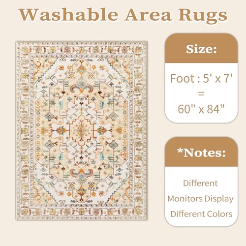 SERISSA Boho Area Rug 5x7 Light Yellow, Washable Large Rugs for Living Room, Ultra Soft Non-Slip Bedroom Rug Print Distressed Vintage Farmhouse Carpet Rug for Dining Room Dorm Office Home Decor
