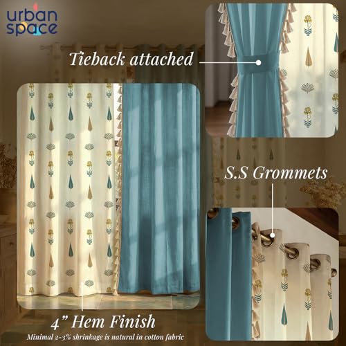 Image of Urban Space Printed 100% Cotton Curtains for Window, Combo Set of 3 Curtains 5 Feet, Tieback & Eyelets Included with Curtains for Home Decor (Orchard Dark Teal & Aura Dusty Blue, 5 Feet)