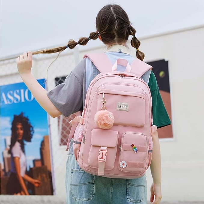 Image of Girls School Backpack with Small Zipper Pouch Fashion Nylon Backpack Multi Compartment Large Capacity Bag with Padded Shoulder Straps & Handle for School Travel Camping College