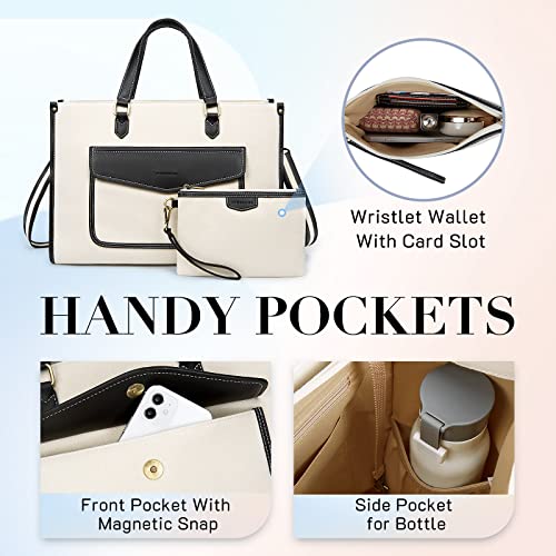 Missnine Tote Bag Canvas Laptop Bag for Women 15.6 inch Casual Work Bags with Clutch Purse Computer Shoulder Bag 2 PCS Set for Travel, Office, College - Thumbnail 4