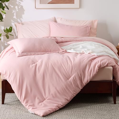 Image of Bedsure Twin Comforter Set Pink, 6 Pieces Prewashed Twin Size Bed in a Bag with Soft Fleece Bed Blanket, Down Alternative Bedding Set for All Seasons, Sheets, Pillowcase & Sham