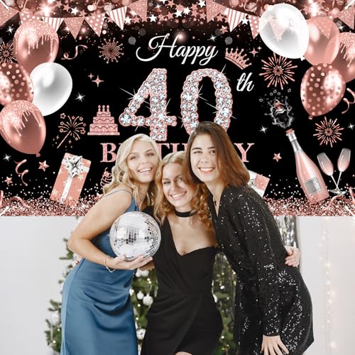 Image of Avezano Happy 40th Birthday Banner for Women Black and Rose Gold Glitter Balloon 40 Birthday Party Backdrop 40 Year Old Bday Photo Backdrop Party Supplies 70.8 x 43.3 Inch