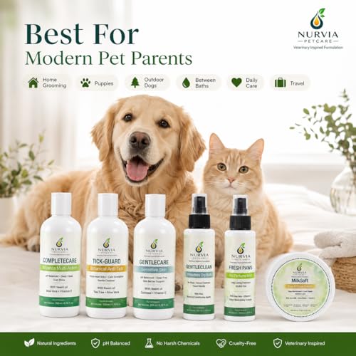 Image of Complete Dog Grooming Bundle by Nurvia Petcare | All 6: Anti-Tick + 5-in-1 + Puppy Shampoo + Dry Bath + Perfume Mist + Paw Balm | Neem Tea Tree Oatmeal Goat Milk | Sulphate-Free | Full Kit