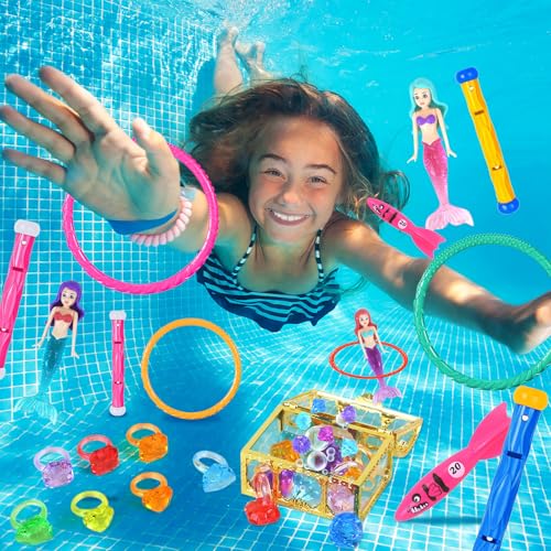 Komicea Tauchspielzeug für Kinder, 30 Stück Pool Spielzeug mit Tauchringen, Tauchstäbe, Meerjungfrauen, Toypedo Banditen, Algenspielzeug und Edelsteinen, Geschenk für Jungen Mädchen ab 5-12 Jahren