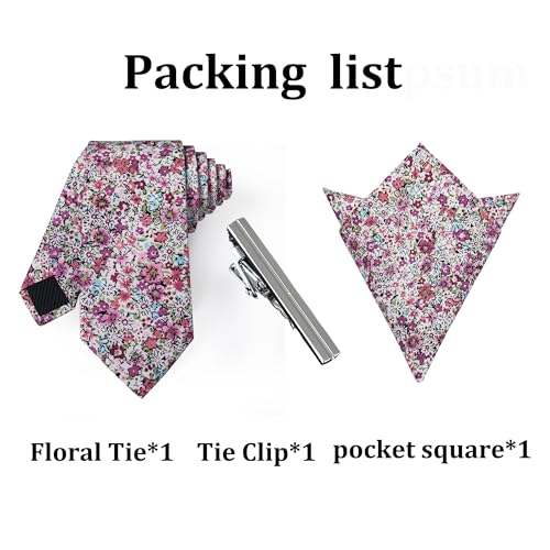 Image of YourTies Cotton Floral Tie for Men 2.5 inch Printed Skinny Necktie Pocket Square Tie Clip Set Flower Wedding Party Groom