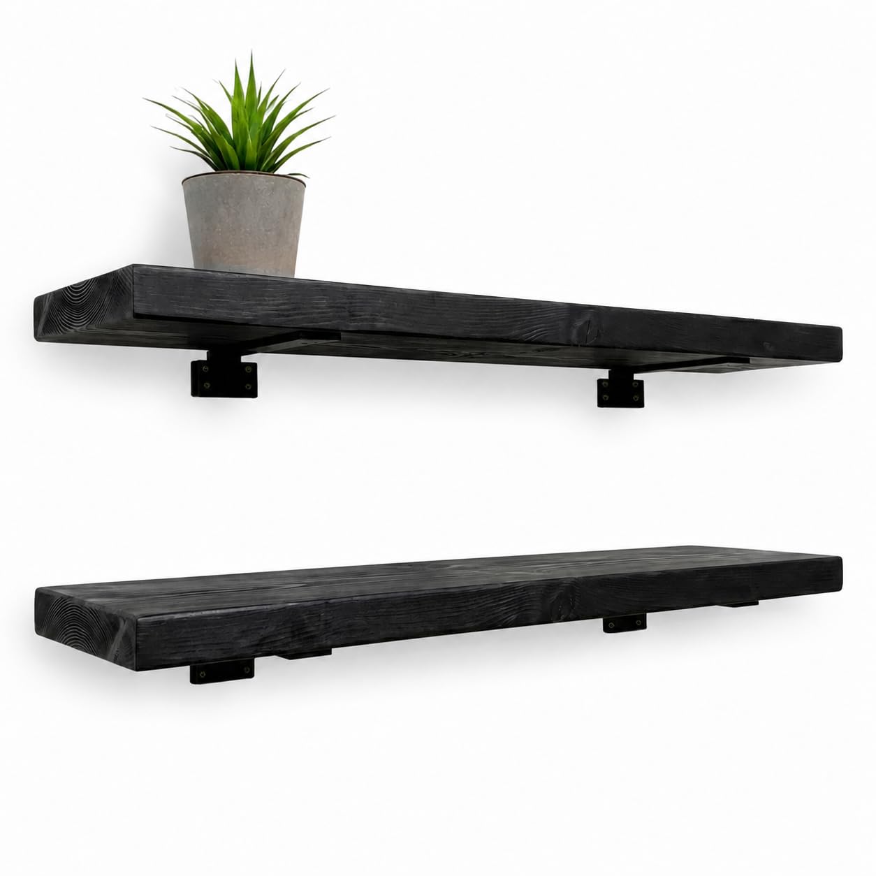 MKGT Rustic Floating Wall Shelves Set of 2, Solid Pine 45mm Thick with Heavy Duty Brackets, 75kg Load Capacity for Kitchen, Bathroom, Living Room – UK Made (Black, 120cm)