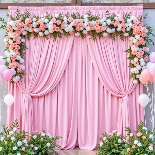 Image of 8 Panels 5ftx12ft Wrinkle Free Pink Backdrop Curtain for Parties, Silky Polyester Photo Backdrop Drapes 12 ft Long Back Drop Cloth for Wedding Birthday Photography Background Curtains