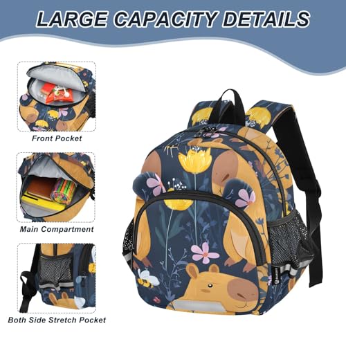 Kid's Backpack for Boys & Girls Toddler Bag Capybara Flower Bee Pattern Backpack with Safety Leash4