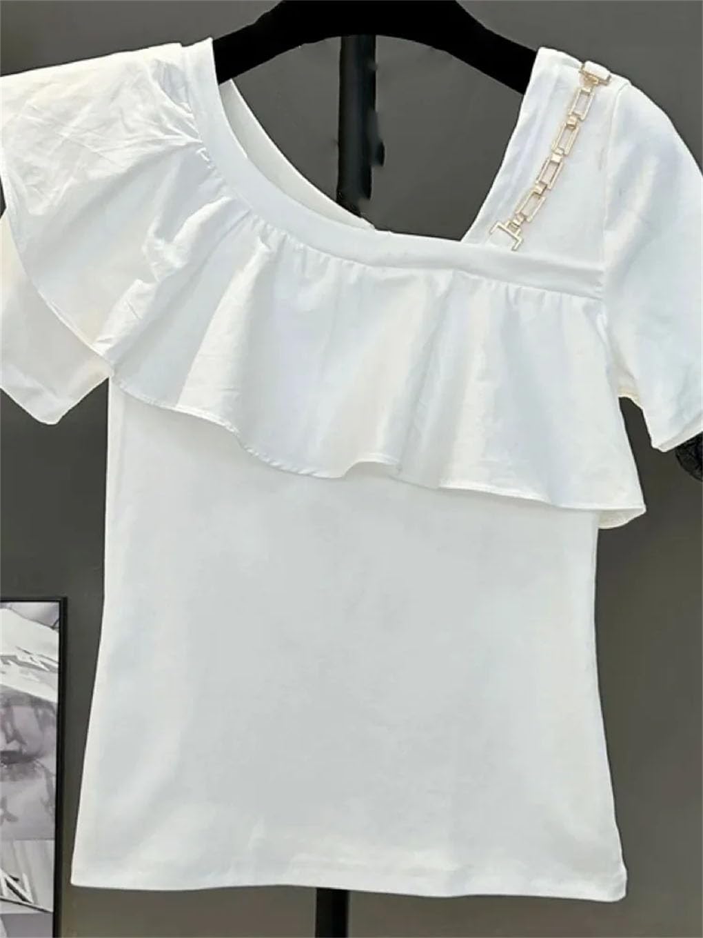 T-shirt à manches courtes en coton patchwork pour femme - Couleur unie