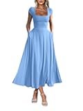 Women's Casual Short Sleeve Square Neck Solid Slim Flowy Maxi Dress with Pockets