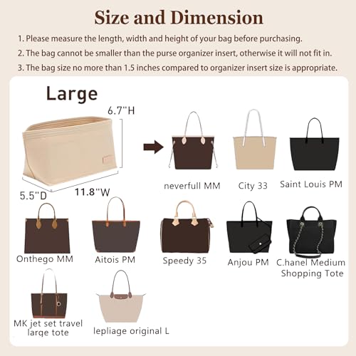 Doxo Purse Organizer Insert for Handbags & Base Shaper 2pc Set,Felt Organizer Insert Large Tote,Bag Organizer with Zipper 5 Sizes,Fit Speedy Neverfull MM/City33 and More(Beige-L-Combination)3