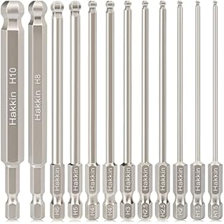 Hakkin 12Pcs Ball End Allen Key Bit Set 100mm Metric Ball End Hex Bits 1/4 Hex Shank S2 Steel Magnetic Allen Wrench Drill Bit Set H1.5-H10 Hex Key for Furniture Assembly