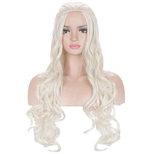 Miniatura 4 de morvally Peluca larga rubia ondulada trenzada para mujer, pelucas de cosplay para mujer, fiesta de disfraces de Halloween (rubio claro)