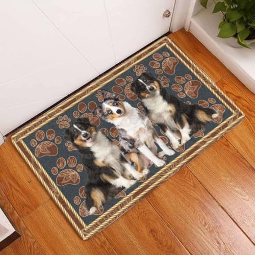 ���փ}�b�g �~�j�`���A�E�I�[�X�g�����A���E�V�F�p�[�h�E�t�����[�E�|�[�E�h�b�O 50×80cm doormat Miniature Australian Shepherd Flower Paw Dog
