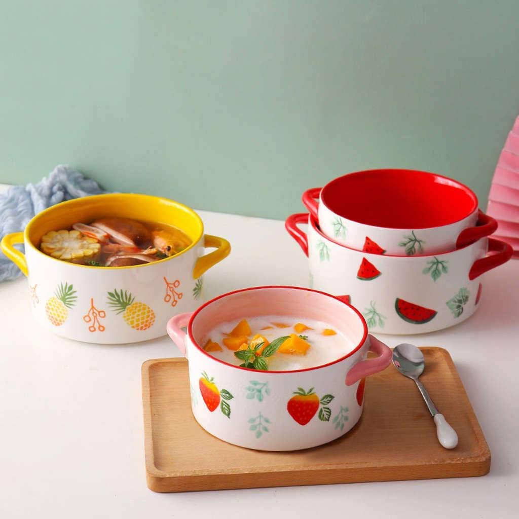 Suppenschüssel mit 2 Griffen, Suppentassen mit Griffen in China Porzellan Keramikofen Mikrowellengeeigneter mikrowellengeeigneter Geschirrspüler Küche Groß für Nudeln Obstsalat-Ananas-1000ML