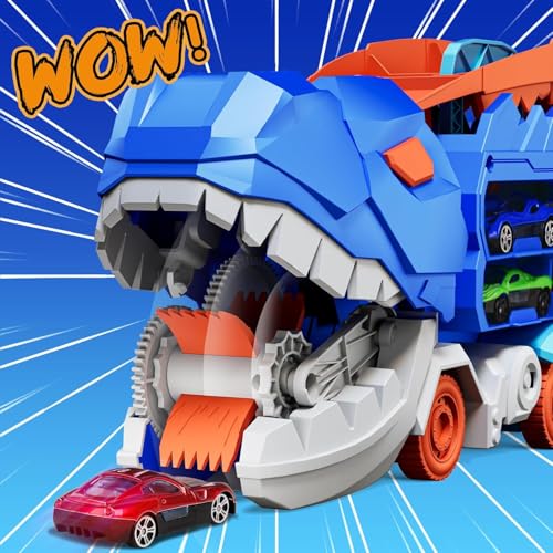 Image of PLUSPOINT Big Dinosaur Track Toy, with Foldable Sliding Race Track,Transformable Into Standing Dinosaur Transporter City with 6 car Toddler Toys Gifts for Kids Ages 3+Years Old