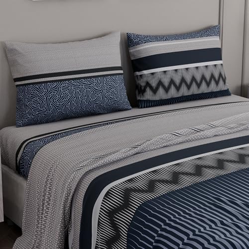 Image of BLISSHOME SoftTouch 150TC Cotton King Size Printed Bedsheet with 2 Pillow Covers for Double Bed, Silky Smooth Bedding Set, Breathable, Easy Maintain, Geometric Pattern - Navy(228cm X 274cm)