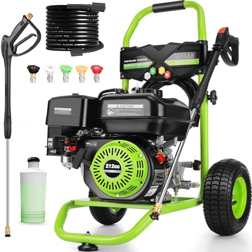 Professional 4200PSI 4GPM 212CC Gas Pressure Washer, 7.0 HP Commercial Gas Power Washer with 1L Foam Bottle 9" Wheels 5 Nozzles 25FT Hose for Home Car Fence Driveway (EPA/CARB/ETL Compliant), Green