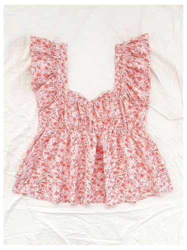 SOLY HUX Girl's Summer Floral Print Ruffle Cap Sleeve Sweetheart Neck Tops Peplum Cute Babydoll Blouse2