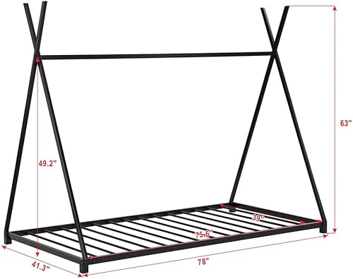 Miniatura 9 de LLS Cama de plataforma Montessori de metal, tamaño individual, con estructura triangular, cama de suelo resistente con soporte de listones para